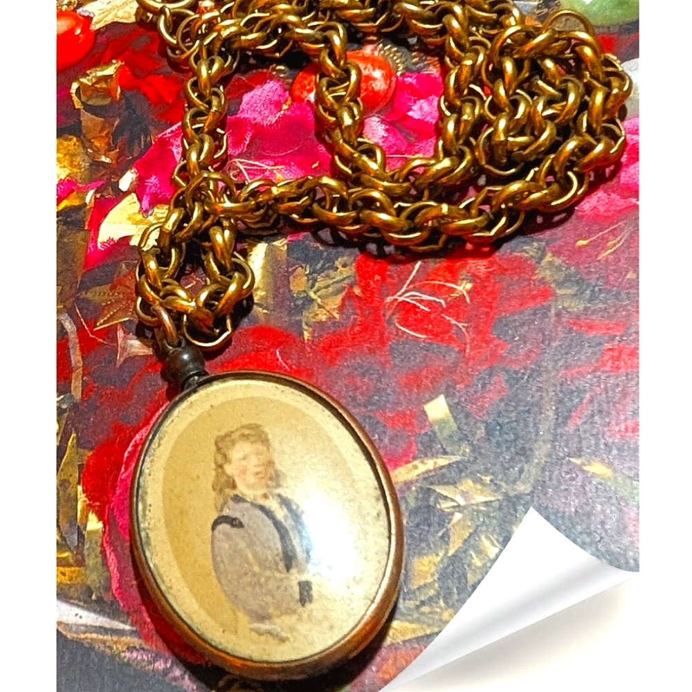 1800s Victorian Era Open Locket Hand Painted Portrait Necklace - Picture 7 of 8